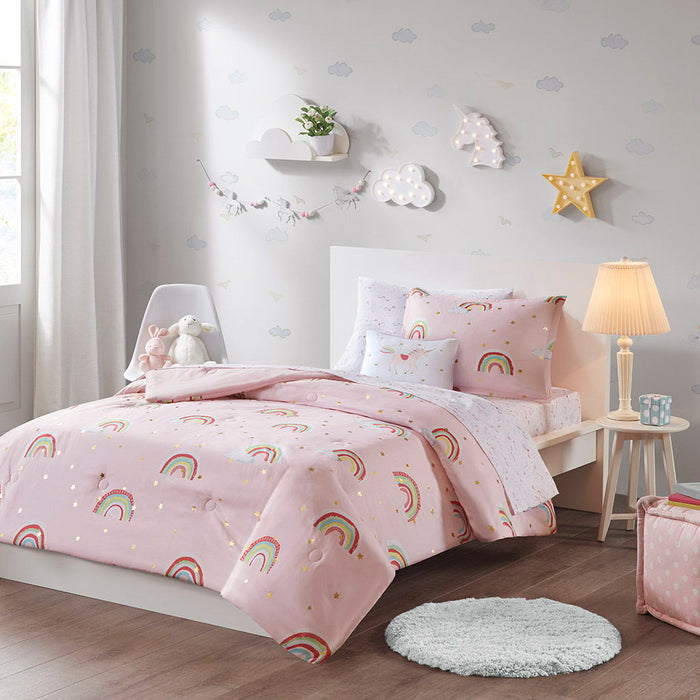 Alicia - Rainbow With Metallic Printed Stars Complete Bed And Sheet Set - Pink