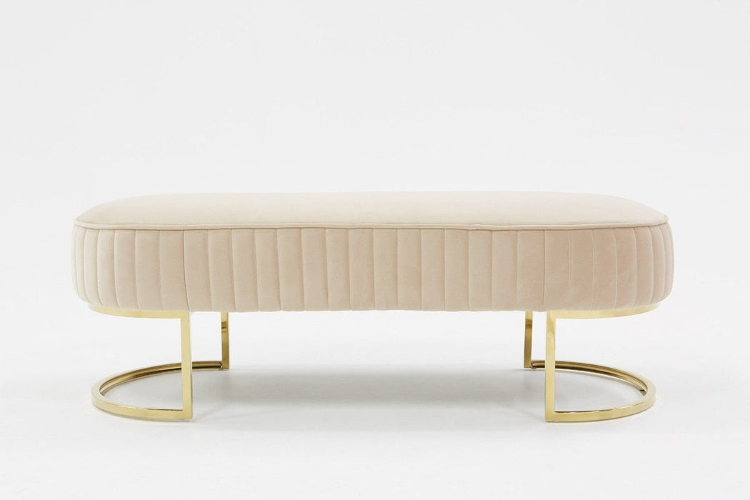 Oval Modern Velvet Bench With Gold Crescent Shaped Base - Beige