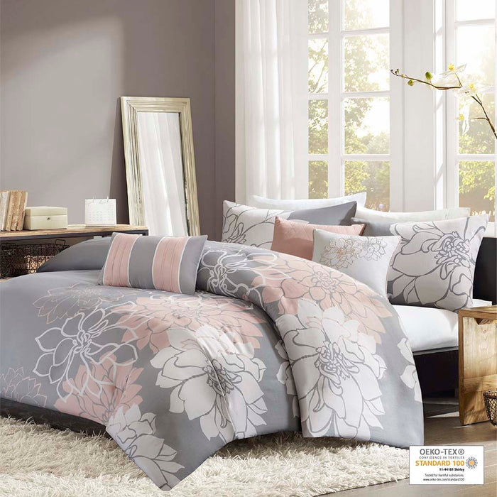 Lola - King 6 Piece Printed Duvet Cover Set - Gray / Blush