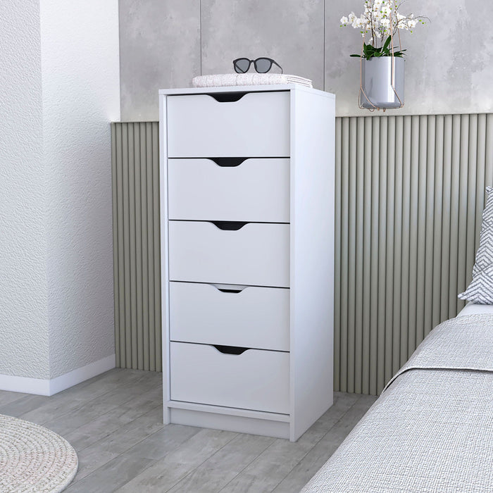 Manufactured Wood Five Drawer Narrow Dresser - White