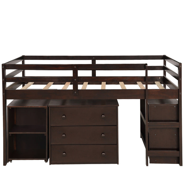 Low Twin Loft Bed With Cabinet and Desk - Brown