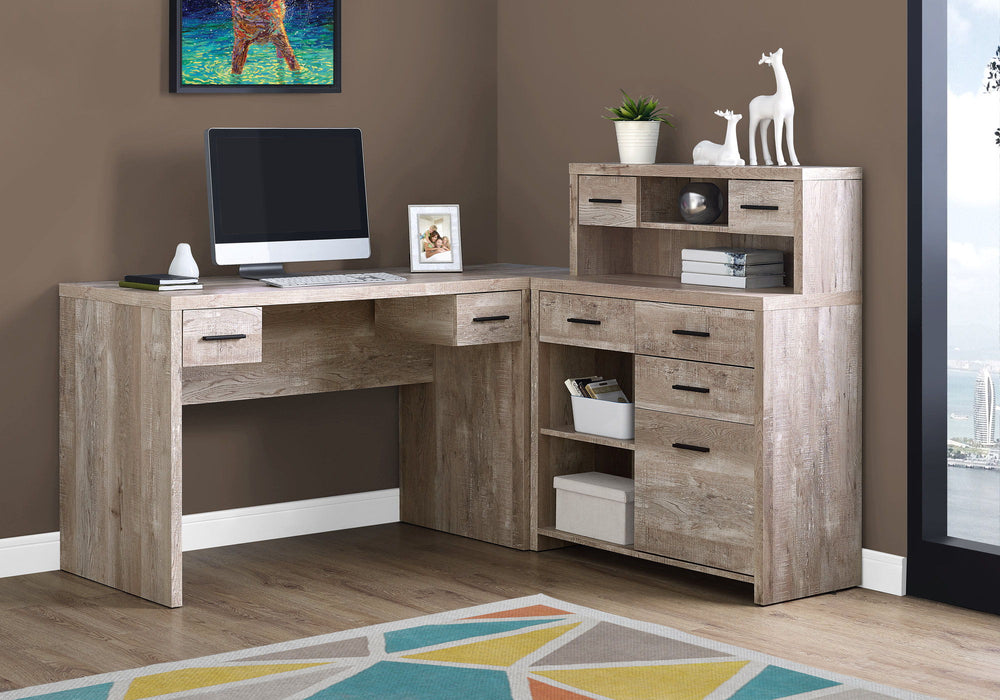 L Shape Computer Desk With Eight Drawers - Taupe