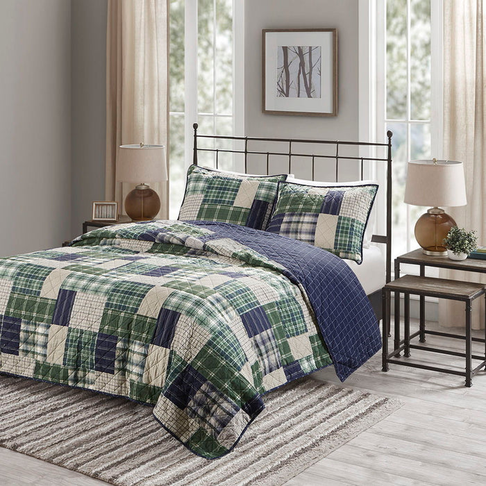 Timber - King 3 Piece Reversible Printed Coverlet Set - Green / Navy