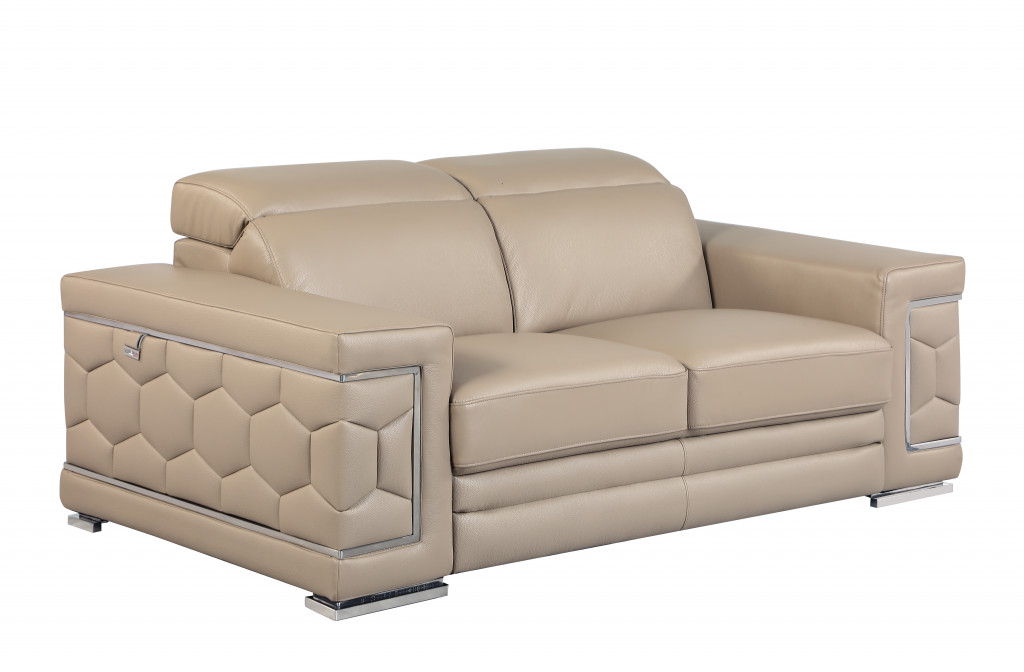 Genuine Leather Love Seat - Beige / Silver