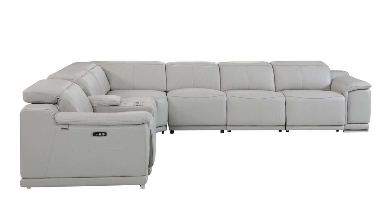 Italian Leather Power Reclining, U Shaped Seven Piece Corner Sectional With Console - Light Gray