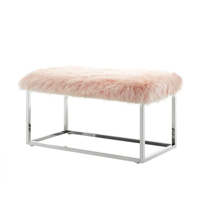 Faux Fur Upholstered Bench - Rose / Silver