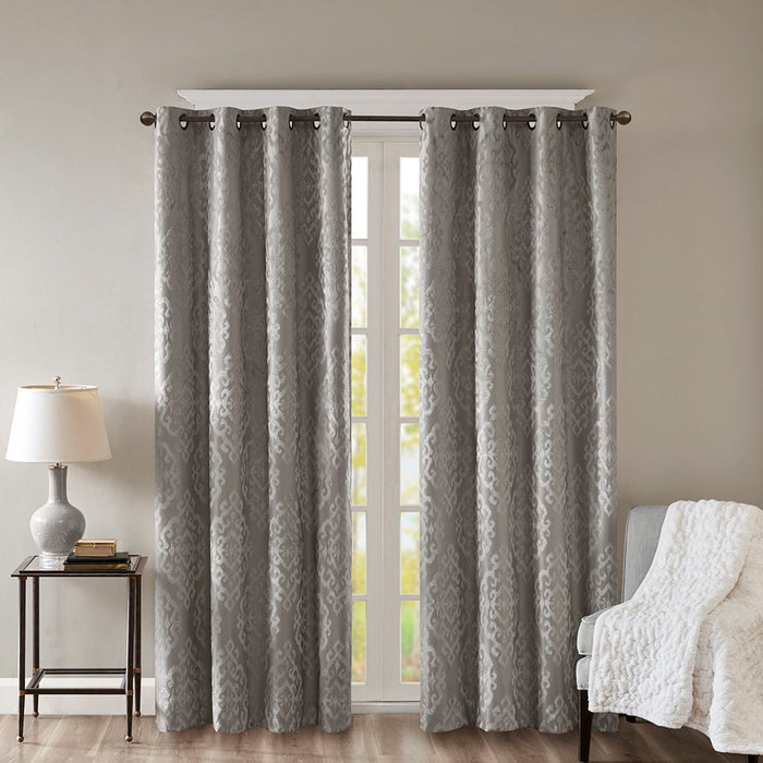 Mirage - 84" Knitted Damask Total Blackout Grommet Top Curtain Panel - Charcoal