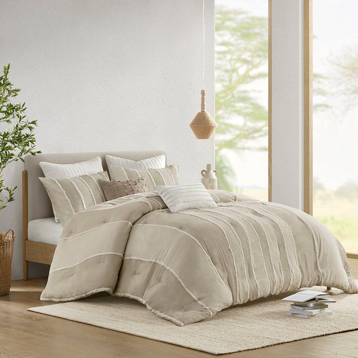 Shay - 3 Piece Striped Cotton Comforter Set - Beige