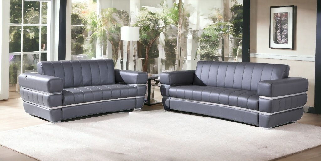 2 Piece Five Person Italian Leather Indoor Seating Set - Dark Gray