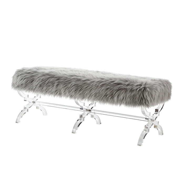 Upholstered Faux Fur Bench - Gray / Clear