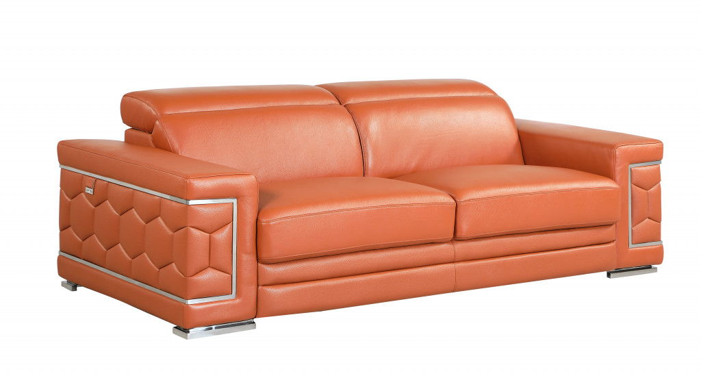 Italian Leather Sofa & Silver Legs - Camel