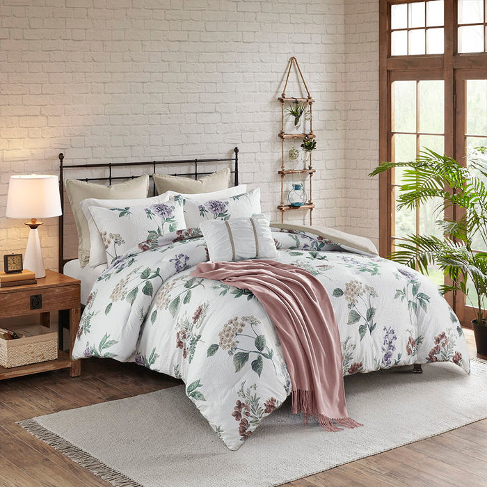 Zennia - 7 Piece Printed Seersucker Comforter Set With Throw Blanket - Taupe