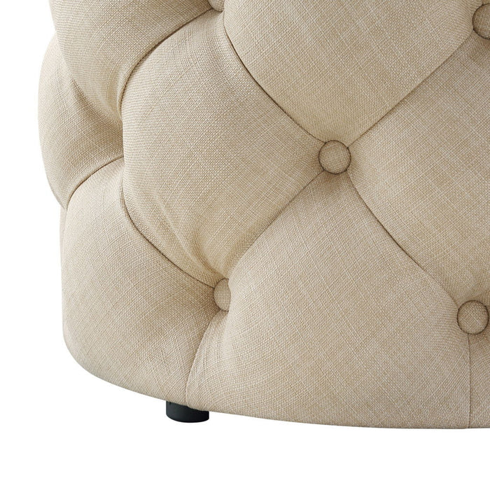 Linen Tufted Round Ottoman - Beige