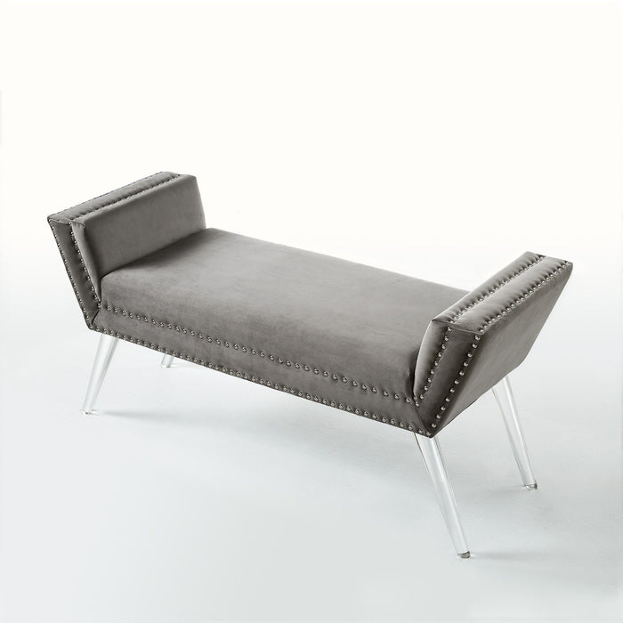 Upholstered Velvet Bench - Gray / Clear