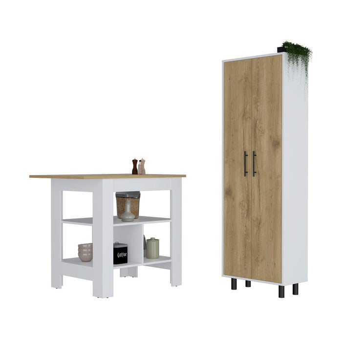 Kitchen Island Set With Storage - White / Natural