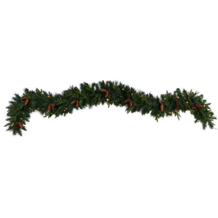 9' Pines & Pinecones Christmas Garland w/286 Lvs & 70 LEDs