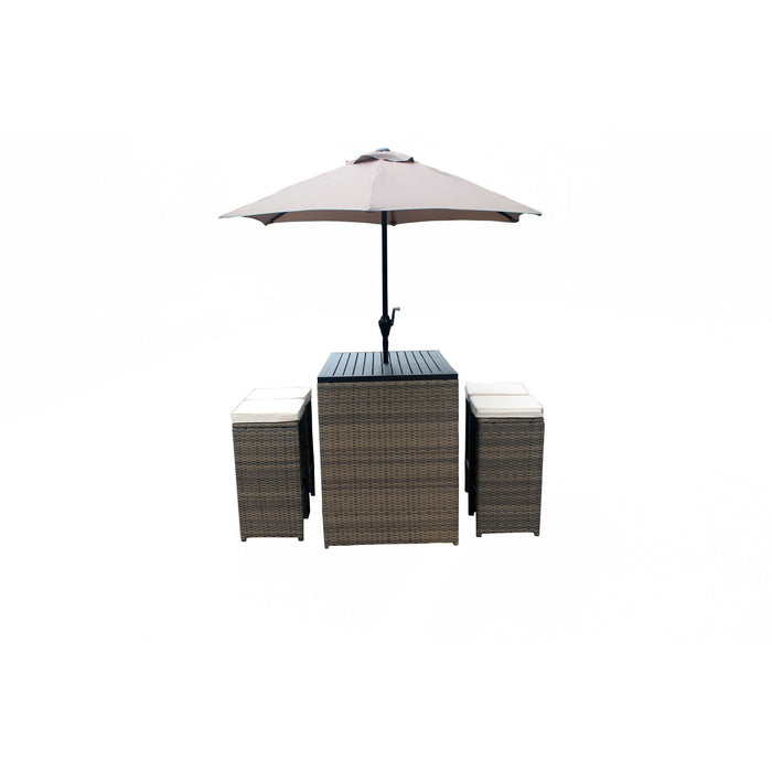 Six Piece Faux Wicker Outdoor Bar Height Table Set With Umbrella And Stools - Brown / Tan