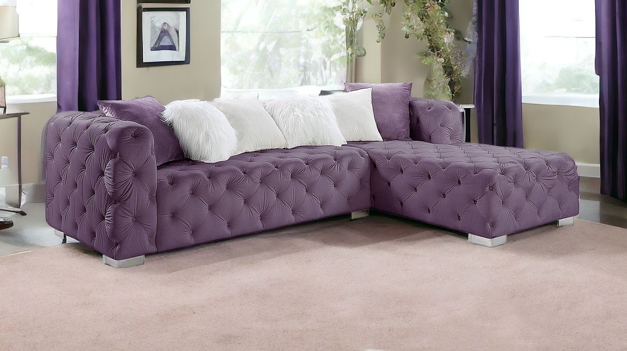 Velvet L Shaped Two Piece Sofa And Chaise Sectional And Toss Pillows - Purple