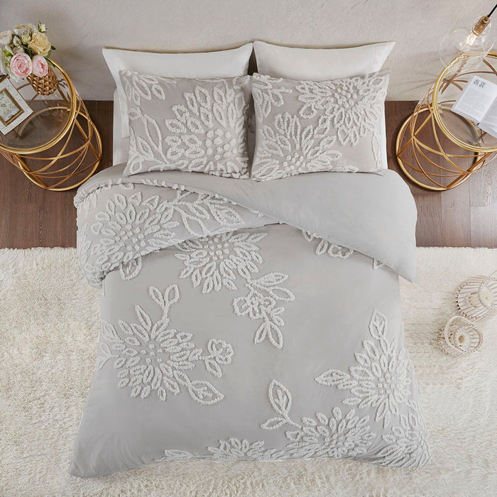 Veronica - 3 Piece Tufted Floral Duvet Cover Set - Gray / White