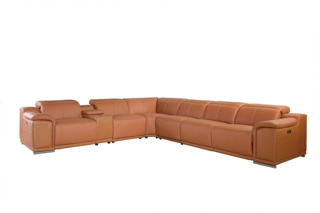 Italian Leather Power Reclining U Shaped Seven Piece Corner Sectional With Console - Camel