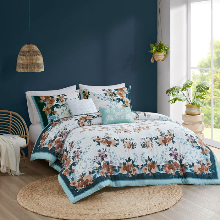 Jules - 5 Piece Full Cotton Floral Comforter Set With Throw Pillows - Teal