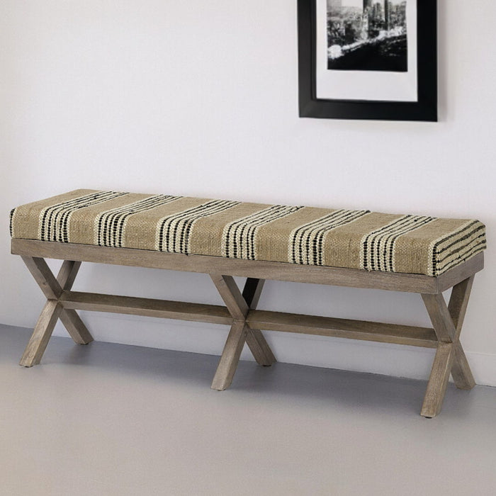 Upholstered Cotton Blend Bench - Beige / Brown