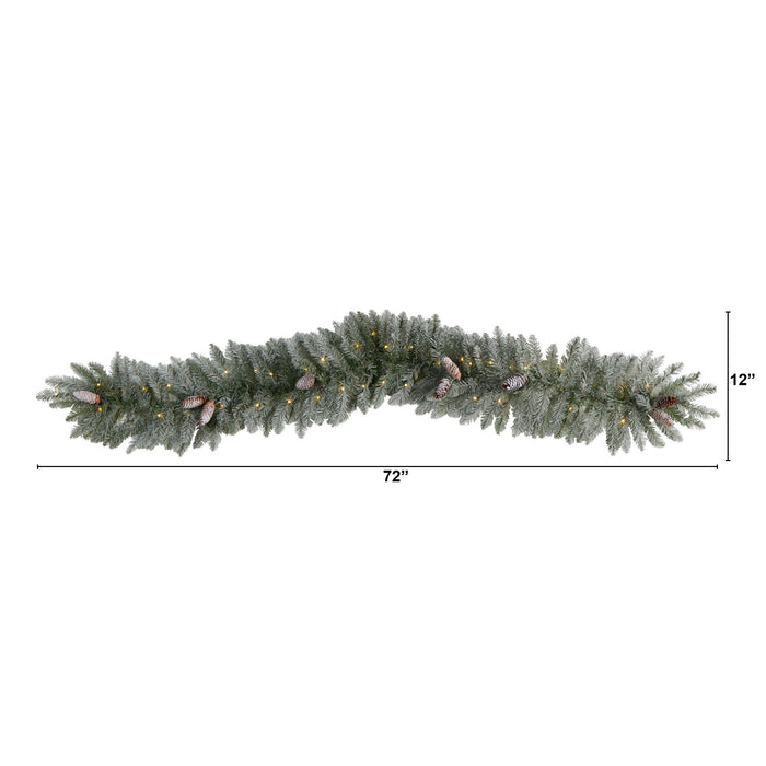 6' Frosted Xmas Garland with Pinecones and 50 LEDs