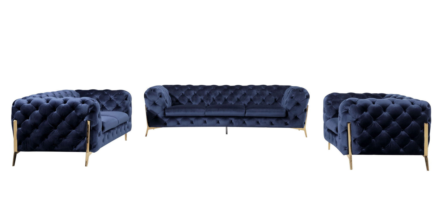 Three Piece Velvet Six Person Seating Set - Blue