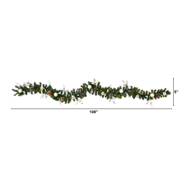 9 Ornament and Pinecone Xmas Garland w/50 Clear LED Lights