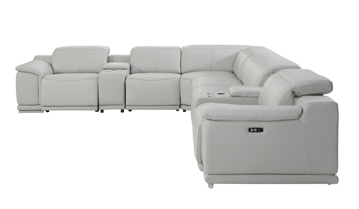 Italian Leather Power Reclining, U Shaped Eight Piece Corner Sectional With Console - Light Gray