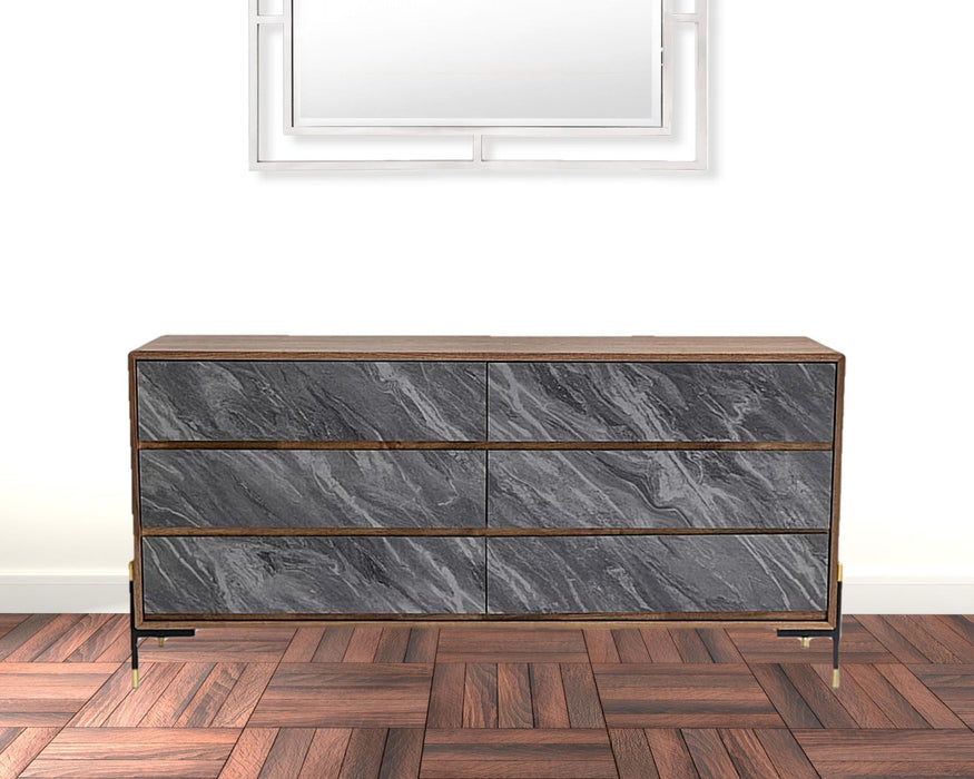 Faux Marble Wood Six Drawer Double Dresser - Walnut And Gray