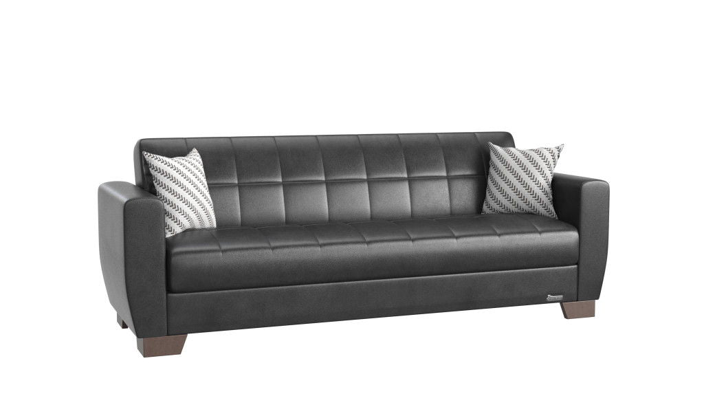 Faux Leather Sleeper Sleeper Sofa And Toss Pillows With Brown Legs - Black