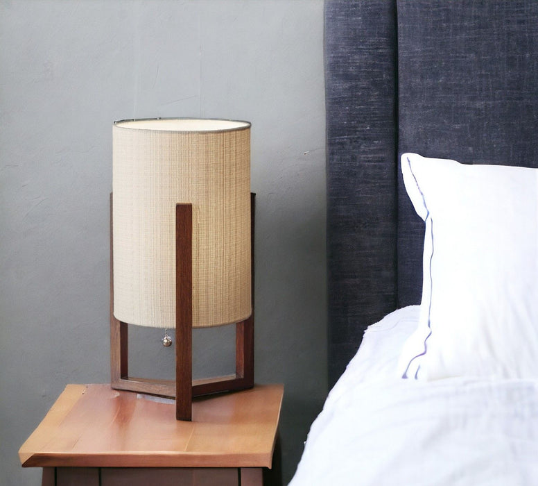 Solid Wood Bedside Table Lamp With Natural Cylinder Shade - Brown