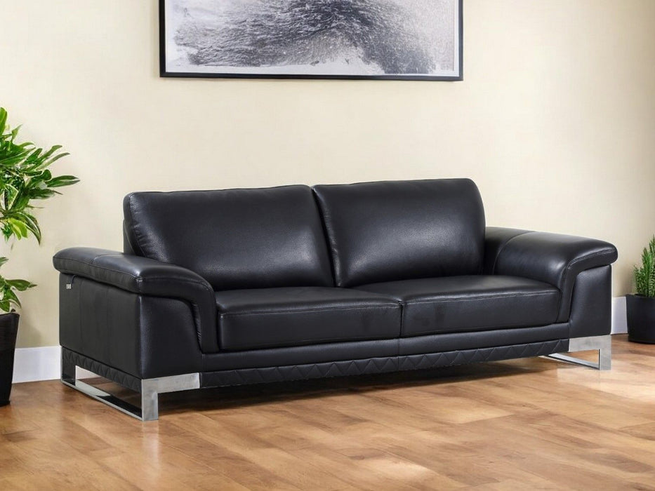 With Silver Legs Italian Leather Sofa - Black