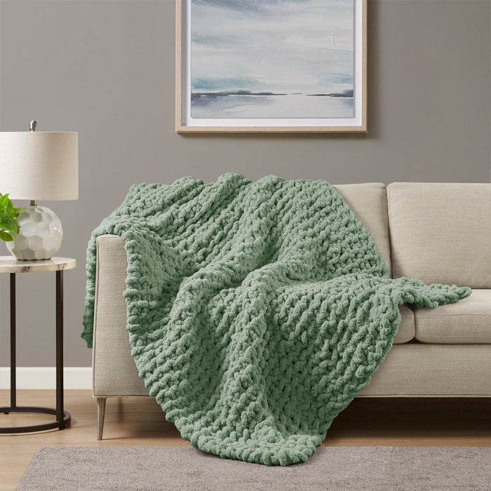 Chenille Chunky Knit - Throw - Sage Green