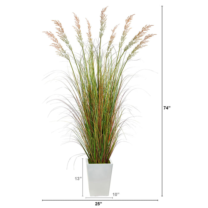 74" Grass Artificial Plant in White Metal Planter