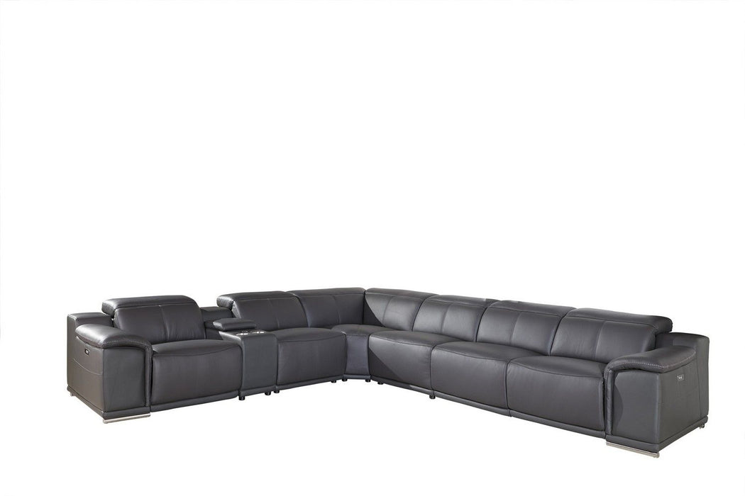 Italian Leather Power Reclining U Shaped Seven Piece Corner Sectional With Console - Gray