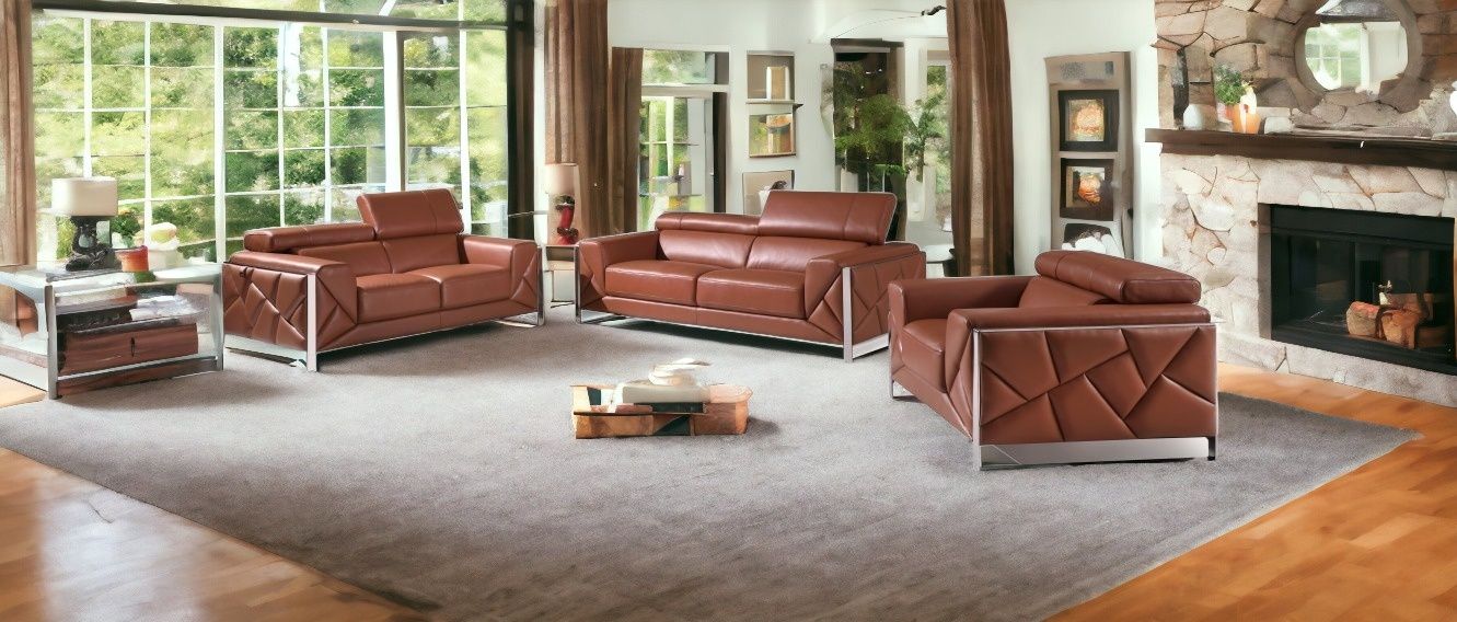 Three Piece Italian Leather Indoor Six Person Seating Set - Camel