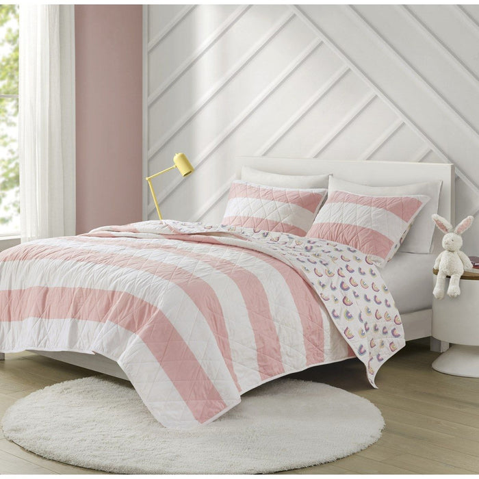 Sammie - Full Cotton Cabana Stripe Reversible Quilt Set With Rainbow Reverse - Pink