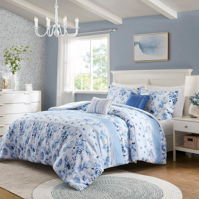 Christa - Floral Striped Comforter Set - Light Blue