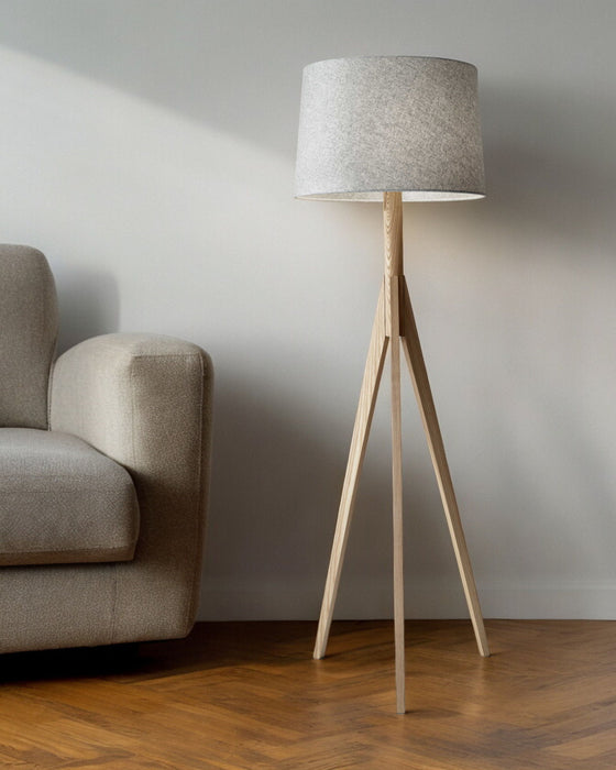 Solid Wood Tripod Floor Lamp With Gray Fabric Empire Shade - Natural