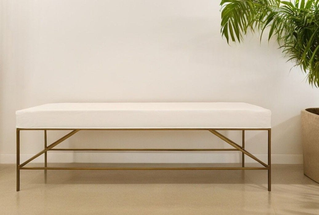 Upholstered Linen Bench - Ivory / Gold