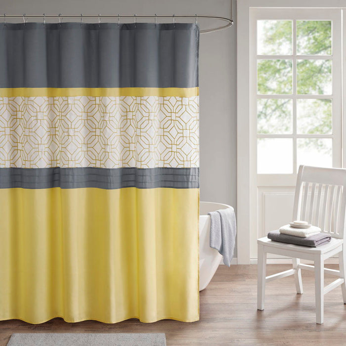 Donnell - Embroidered And Pieced Shower Curtain - Yellow / Gray