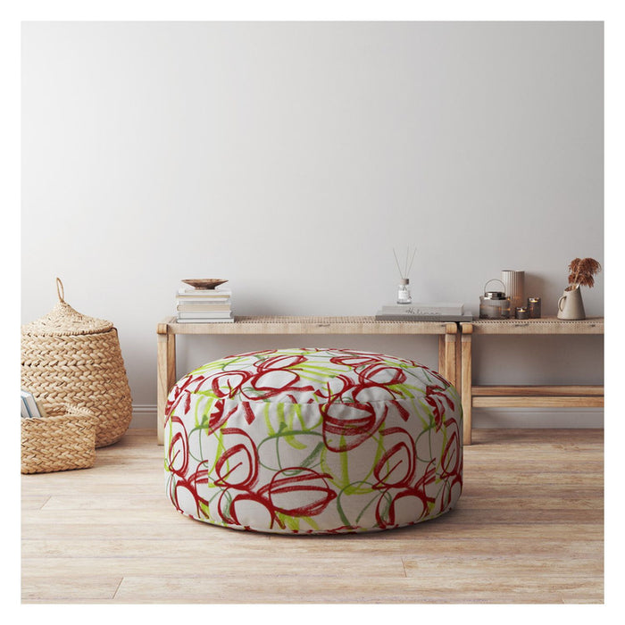 Cotton Round Abstract Pouf Ottoman - Red / White