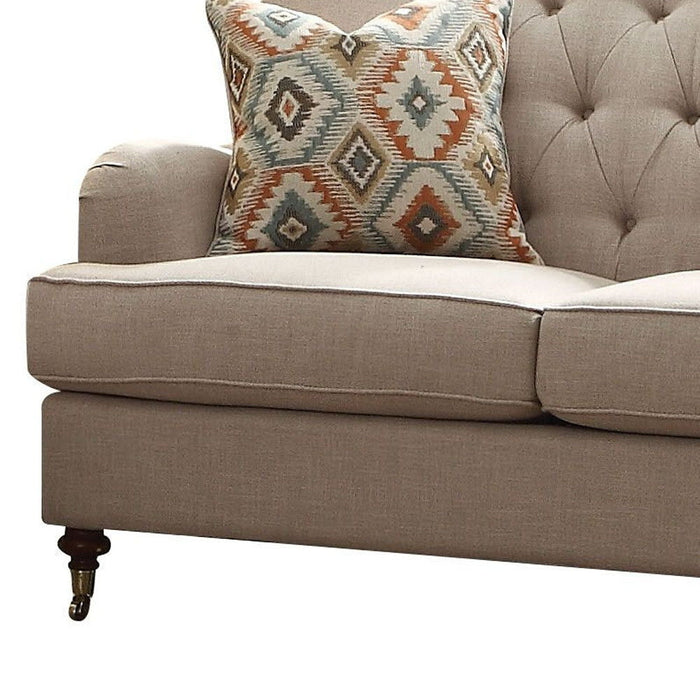 Linen Curved Loveseat And Toss Pillows - Beige / Dark Brown