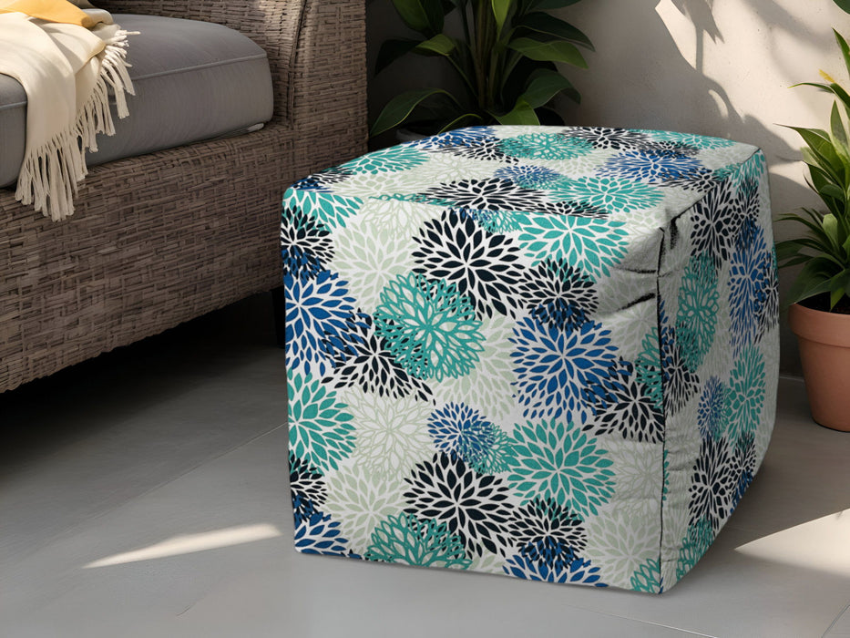 Polyester Cube Floral Indoor / Outdoor Pouf Ottoman - Blue