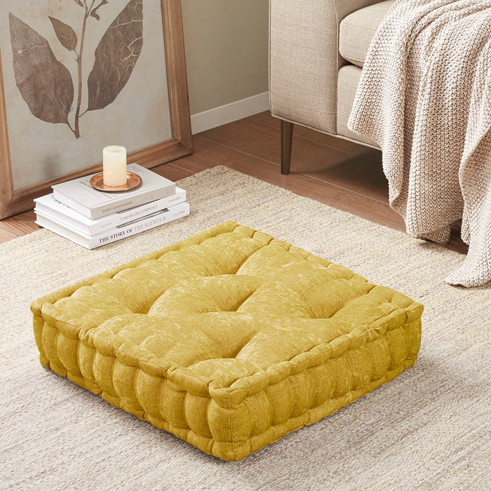 Azza - Poly Chenille Square Floor Pillow Cushion - Yellow