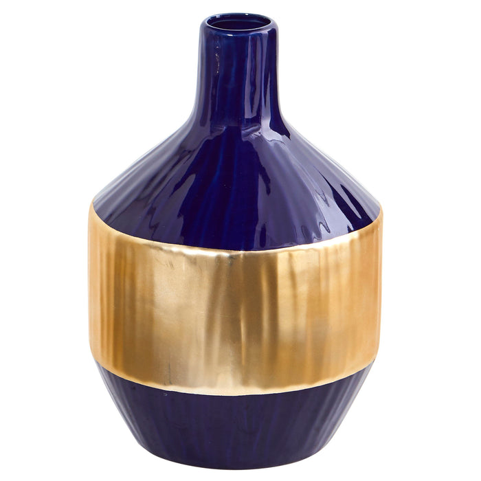 9" Lux Blue Ceramic Vase with Gold Band