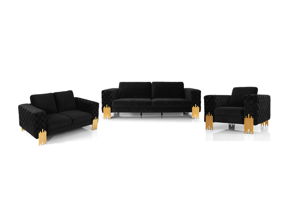 Three Piece Velvet Six Person Seating Set - Black