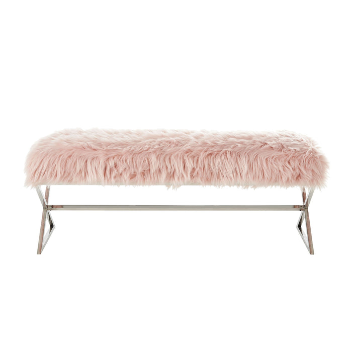 Upholstered Faux Fur Bench - Rose / Silver